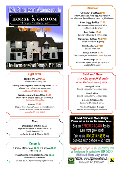 Horse & Groom Winter Warmer Menu